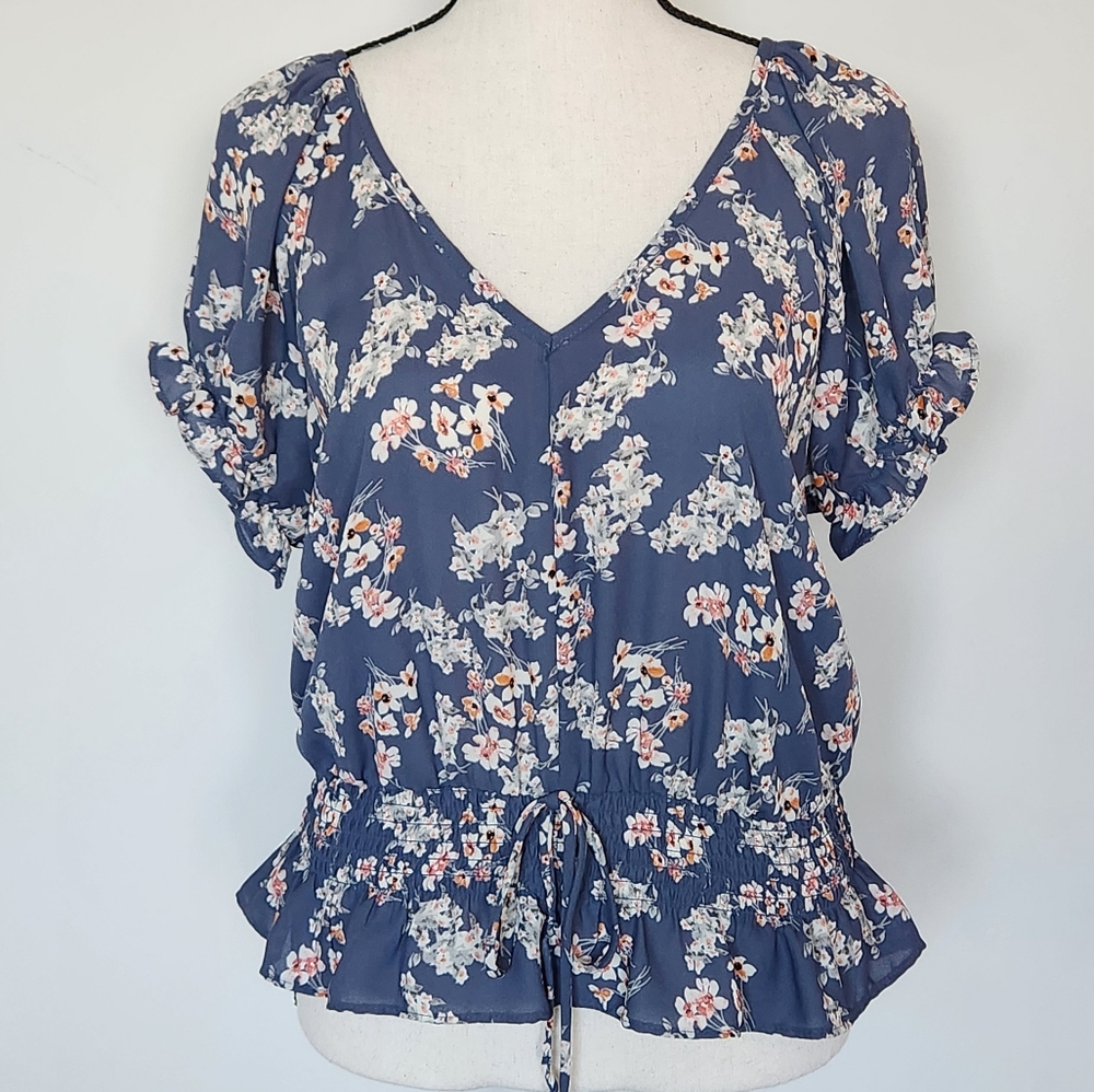 Sienna Sky Boho Puff Sleeve Ruffle Blue Floral V Neck Top Cottagecore M - Picture 3 of 11